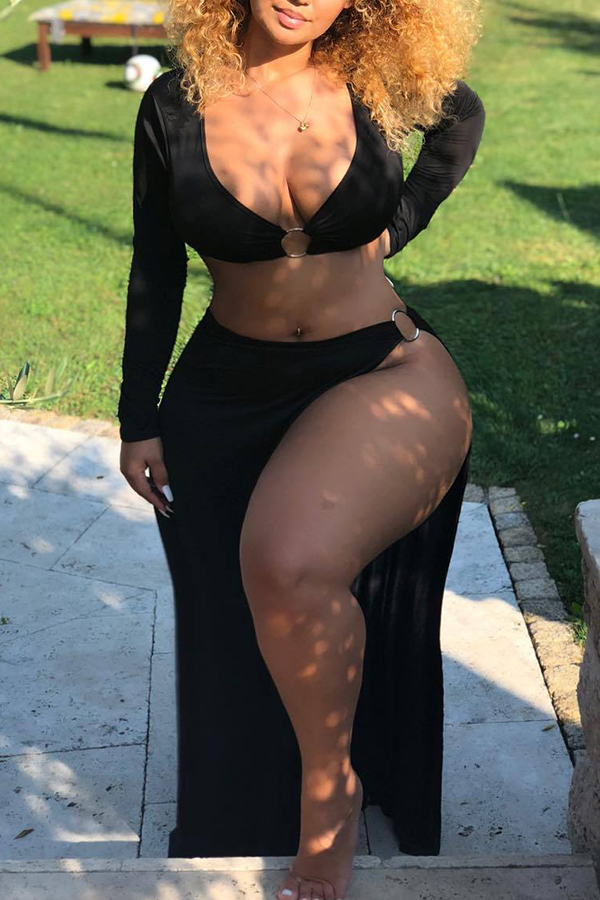 

Lovely Casual Slit Black Two-piece Skirt Set