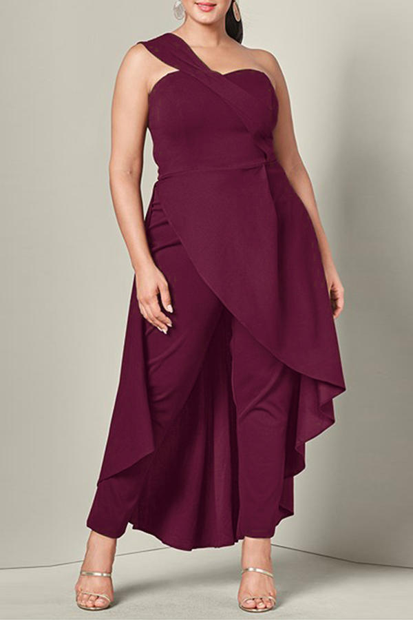 

Lovely Chic One Shoulder Patchwork Wine Red One-piece Jumpsuit