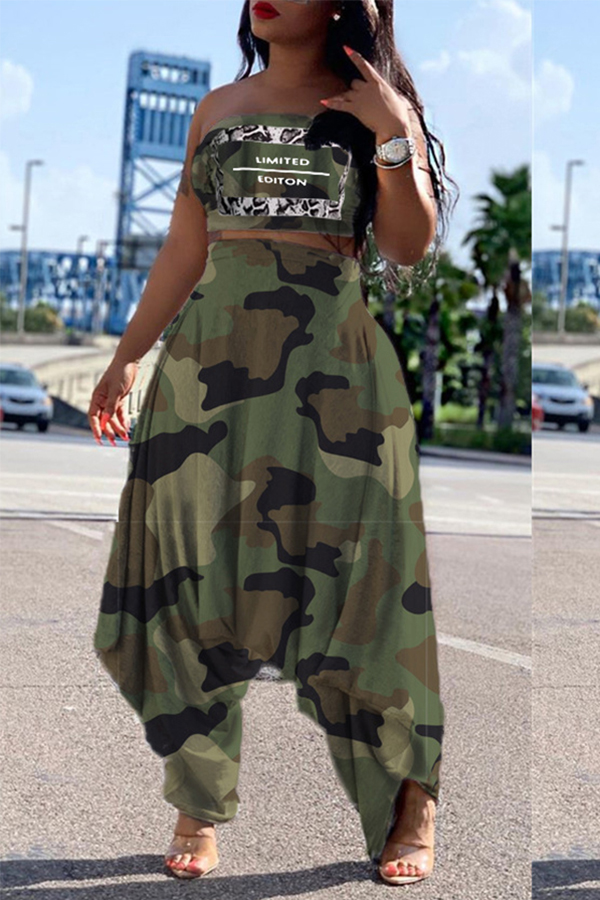 

Lovely Leisure Camo Print Army Green Two-piece Pants Set