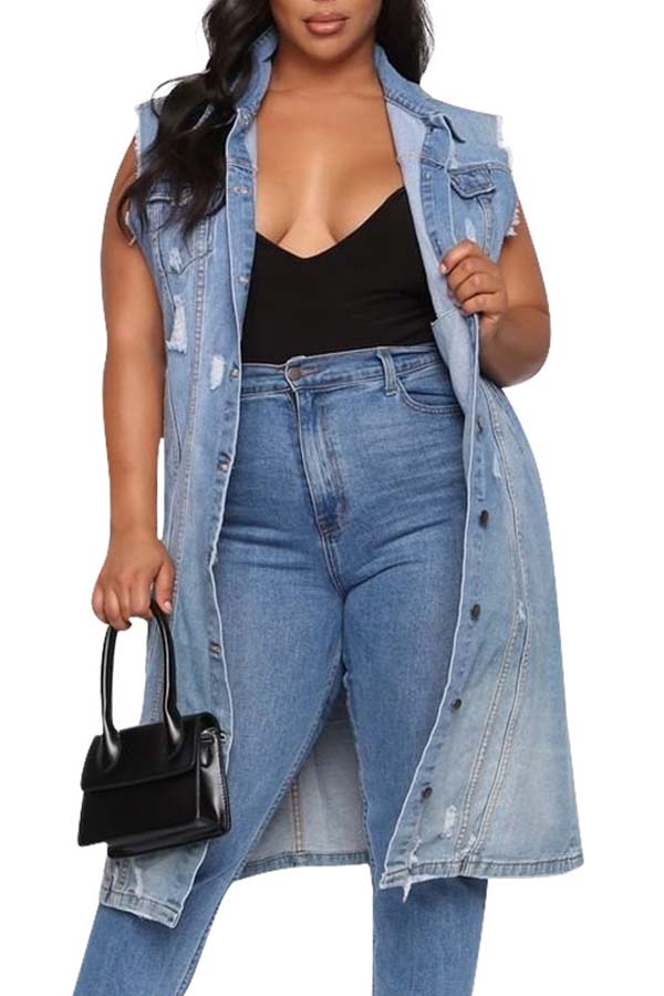 

Lovely Casual Make Old Blue Long Vest