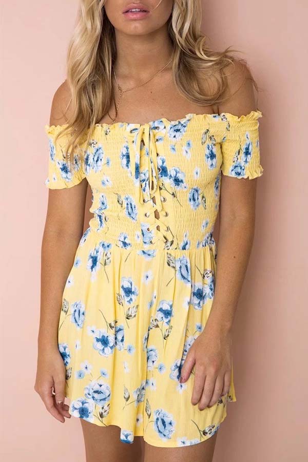 

Lovely Chic Dew Shoulder Print Yellow One-piece Romper