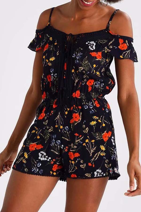 

Lovely Chic Floral PrinT Navy Blue One-piece Romper