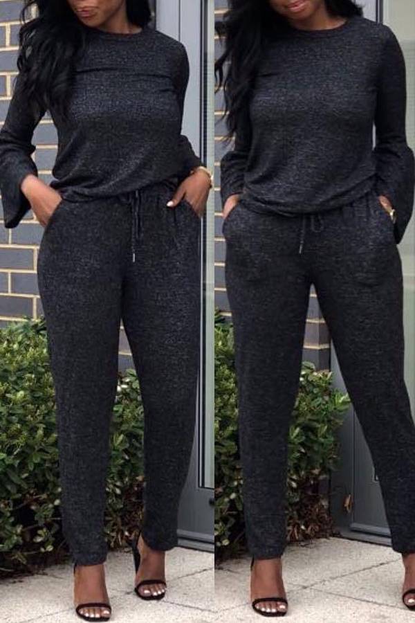 

Lovely Casual Flare Sleeve Black Two-piece Pants Set