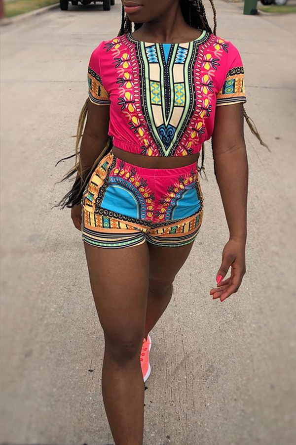 

Lovely Casual Print Rose Red Two-piece Shorts Set