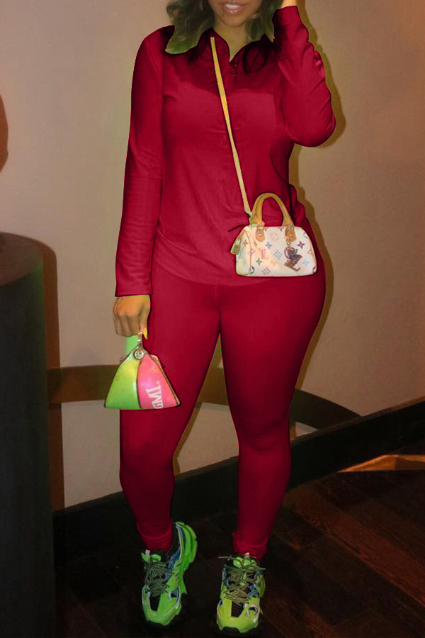

Lovely Casual Basic Wine Red Two-piece Pants Set
