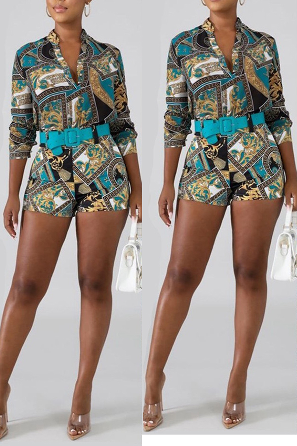 

Lovely Casual Print Sky Blue Two-piece Shorts Set, Skyblue