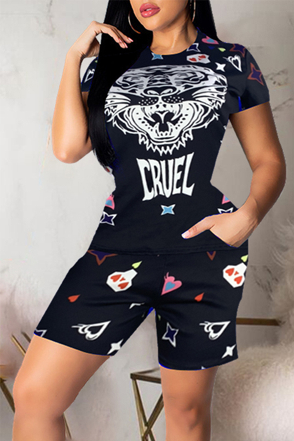 

Lovely Chic Print Black Two-piece Pants Set