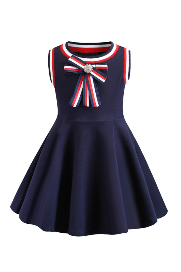 

Lovely Sweet Bow-Tie Dark Blue Girl Knee Length Dress