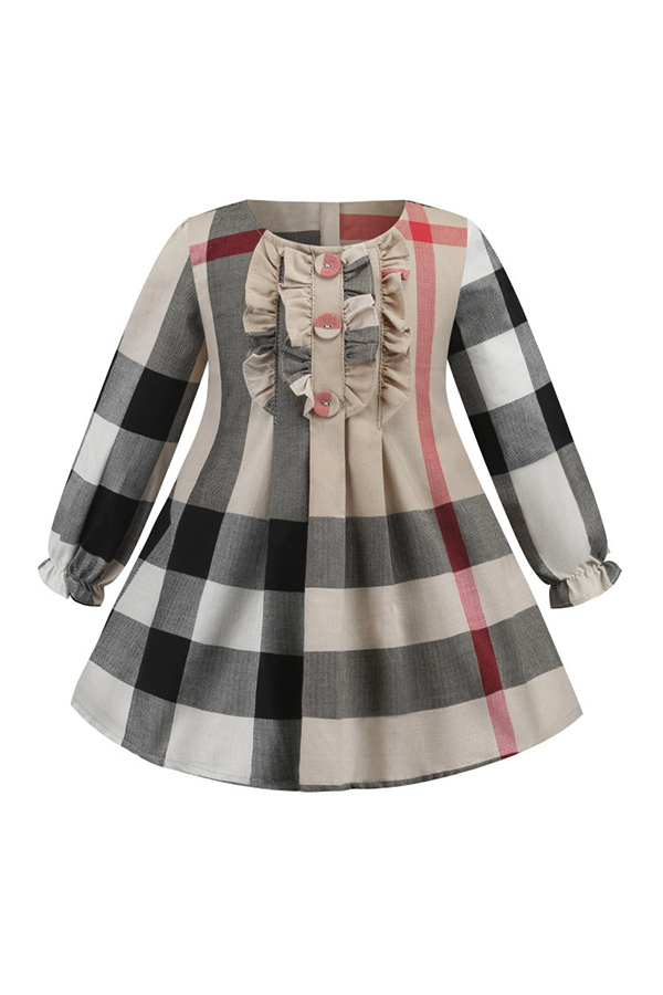 

Lovely Chic Buttons Design Apricot Girl Knee Length Dress