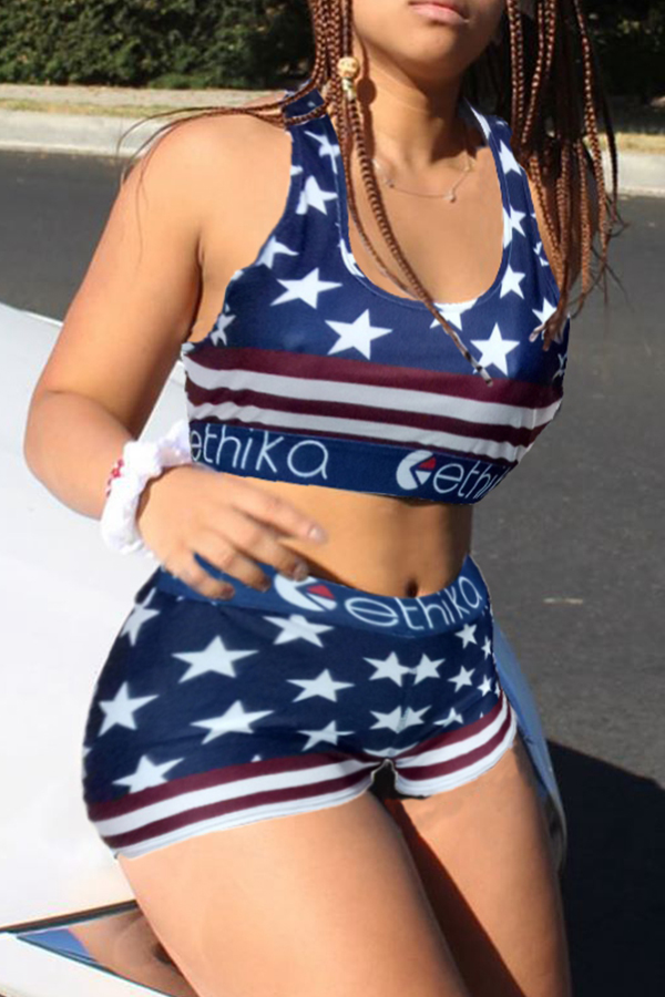 

Lovely Casual Pentagram Printed Deep Blue Two-piece Shorts Set