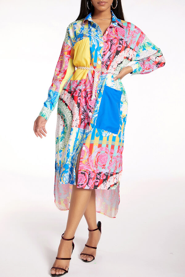 

Lovely Casual Turndown Collar Print Multicolor Mid Calf Dress, Multi