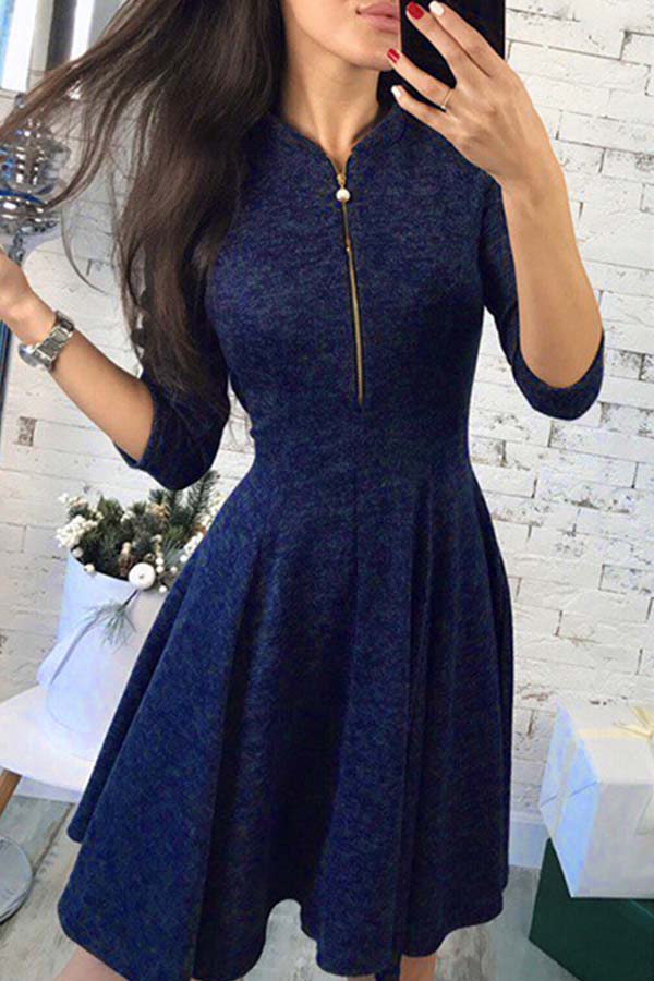 

Lovely Sweet Zipper Design Dark Blue Mini Dress