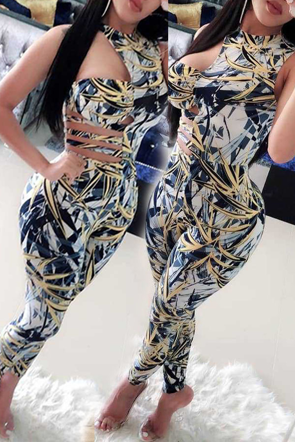 

Lovely Party One Shoulder Print Yellow One-piece Jumpsuit