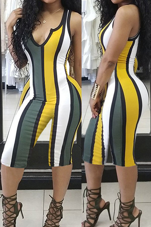 

Lovely Casual Striped Yellow One-piece Romper