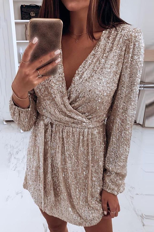 

Lovely Trendy V Neck Sequined Decorative Champagne Mini Dress