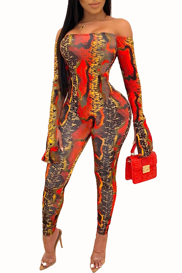 

Lovely Trendy Dew Shoulder Print Red One-piece Jumpsuit