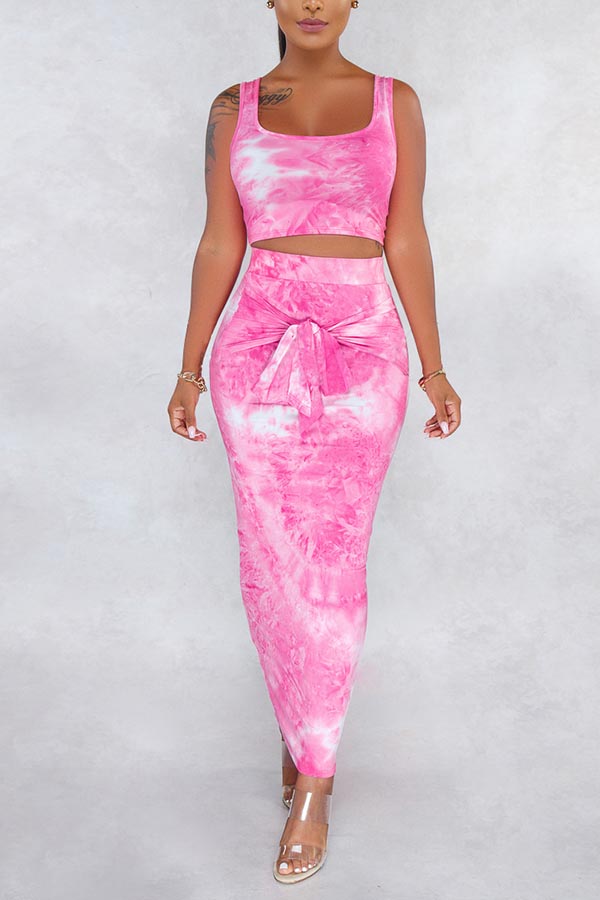 Lovely Casual Tie-dye Rose Red Two-piece Skirt Set