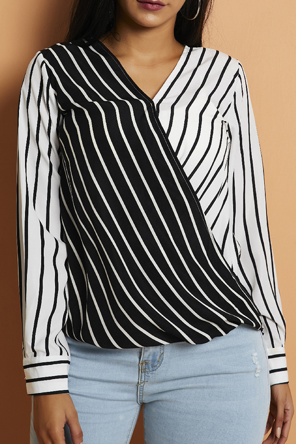 

Lovely Casual Striped Patchwork Black Blouse