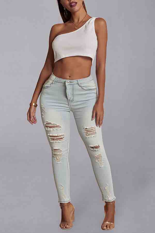 

Lovely Casual Hollow-out Baby Blue Jeans
