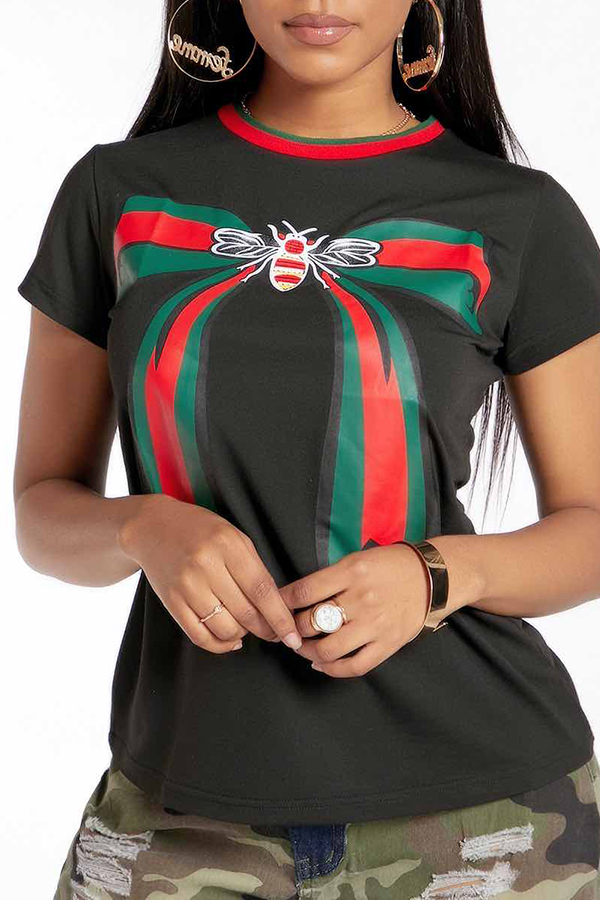 

Lovely Casual Print Black Plus Size T-shirt