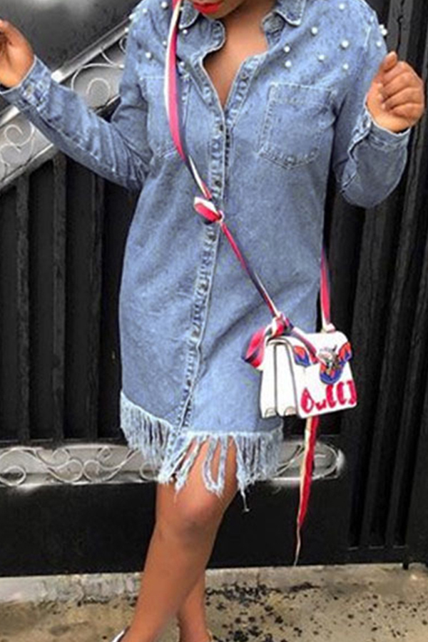 

Lovely Casual Tassel Design Blue Mini Dress, Baby blue