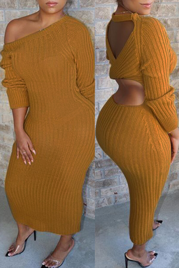 

Lovely Casual O Neck Hollow-out Yellow Ankle Length Dress