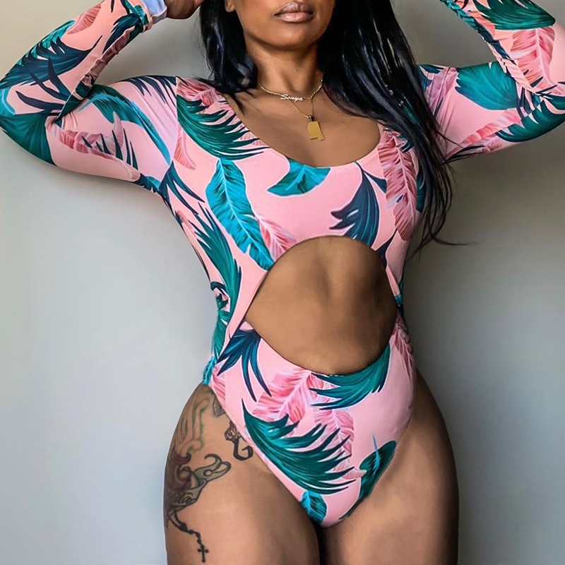 

Lovely Print Hollow-out Pink One-piece Swimsuit