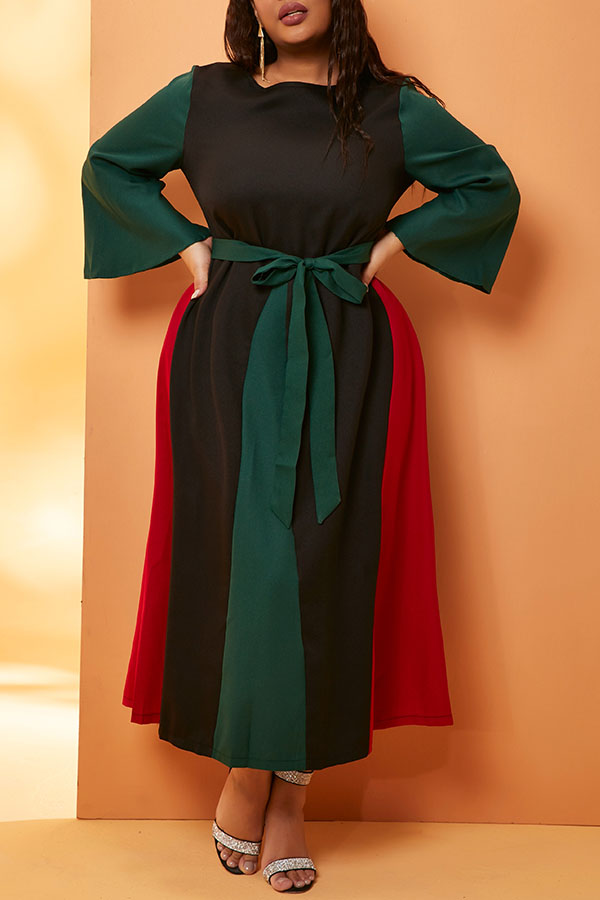 

Lovely Casual Patchwork Green Mid Calf Plus Size Dress