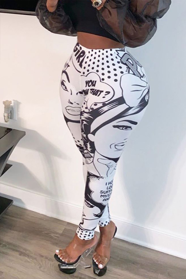 

Lovely Casual Cartoon Print White Pants