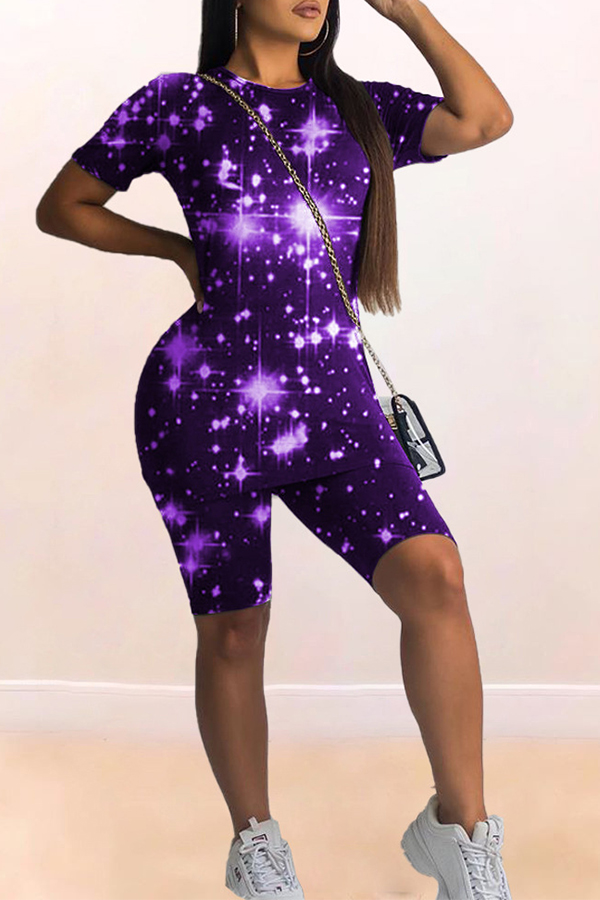 

Lovely Casual Starry Sky Print Purple Two-piece Shorts Set