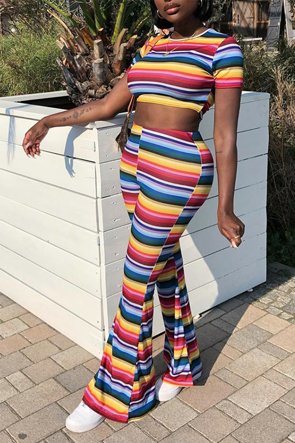 

Lovely Trendy Striped Print Multicolor Two-piece Pants Set, Multi