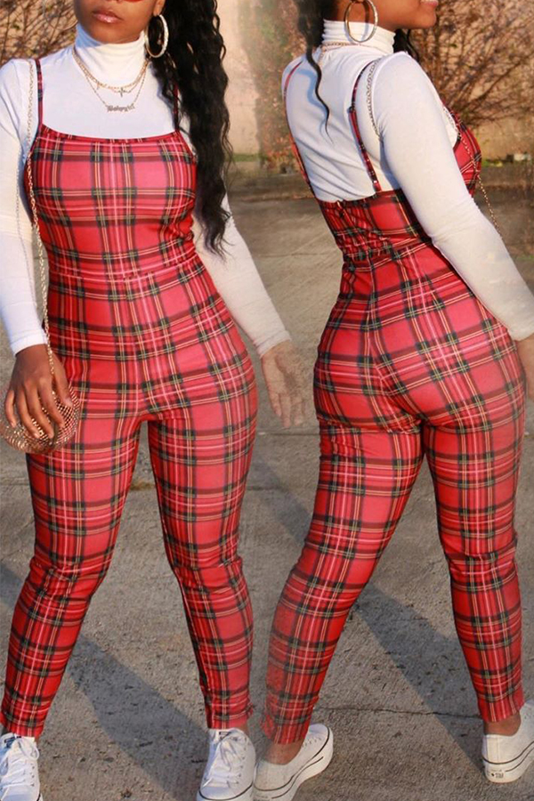 

Lovely Trendy Grid Print Red One-piece Jumpsuit