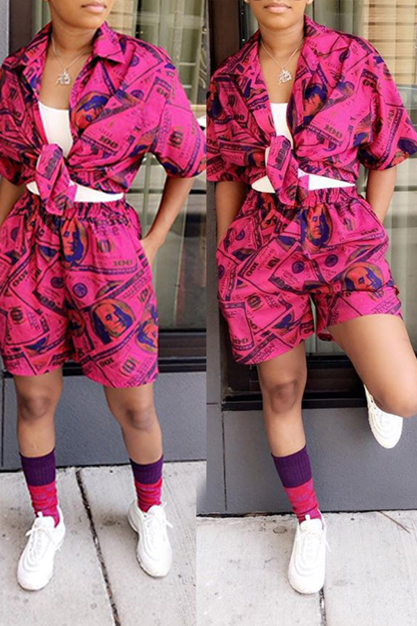 

Lovely Casual Print Rose Red Two-piece Shorts Set