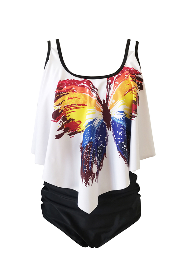 Lovely Butterfly Print White Bathing Suit Twopiece Swimsuit_Tankinis