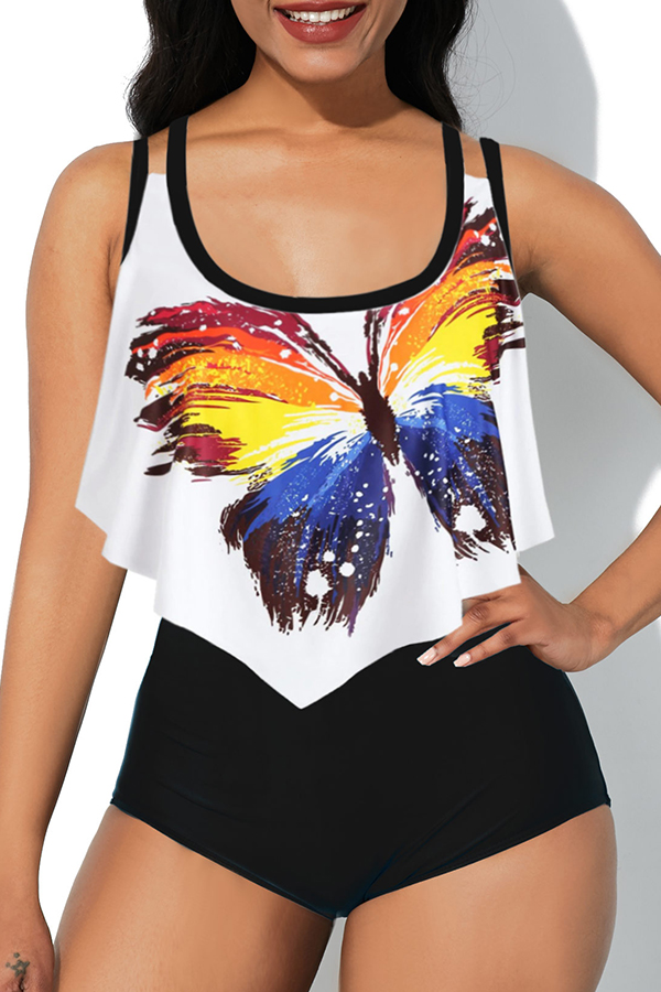 

Lovely Butterfly Print White Bathing Suit Two-piece Swimsuit
