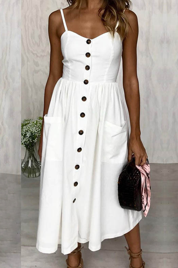 

Lovely Casual Buttons Design White Mid Calf Dress