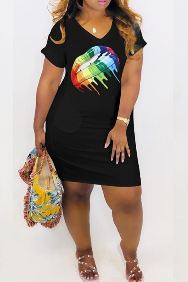 

Lovely Leisure Lip Print Black Mini Dress