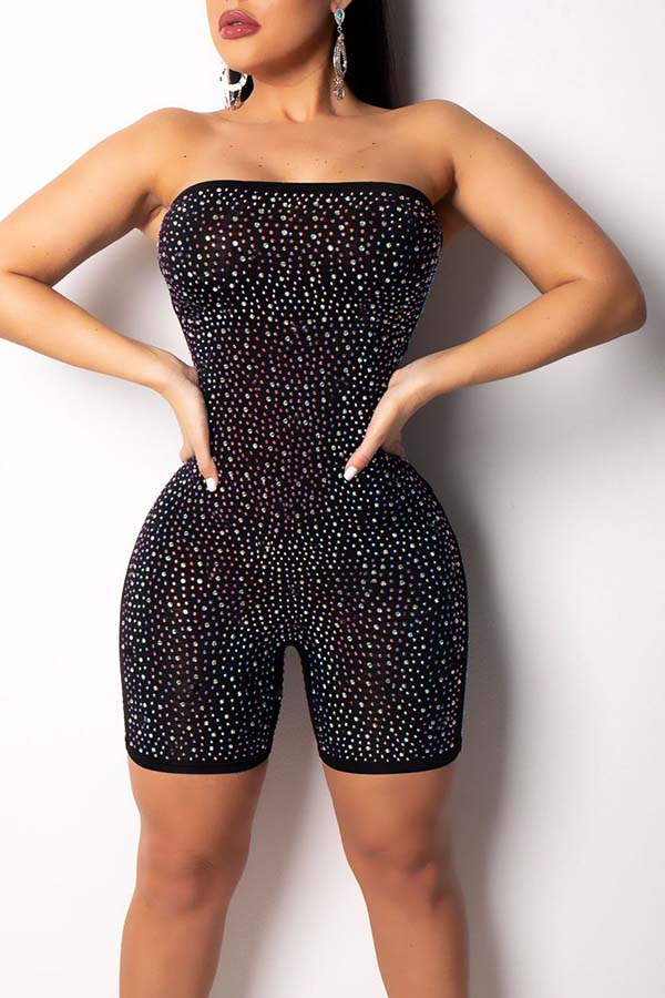 

Lovely Trendy Hot Drilling Decorative Black One-piece Romper
