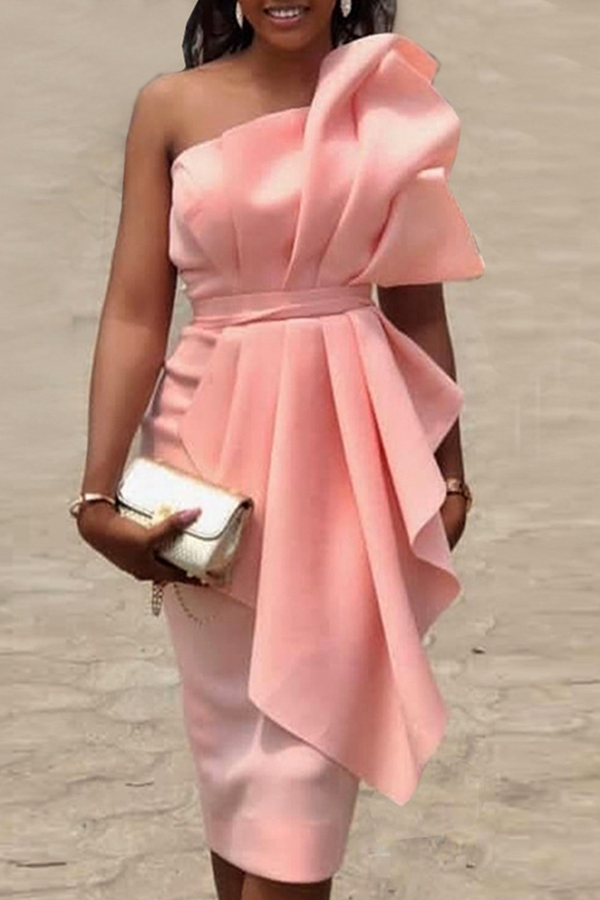 

Lovely Sweet Flounce Design Pink Mid Calf Dress
