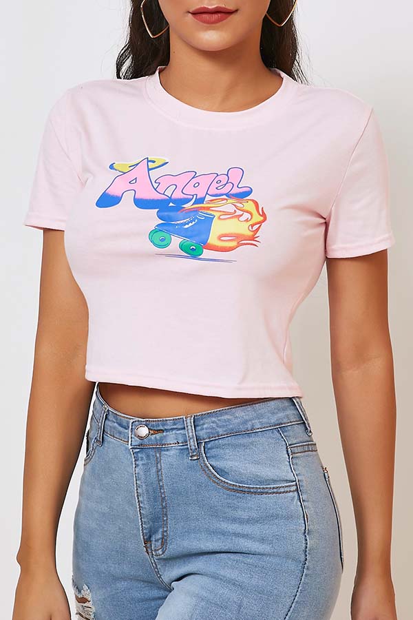 

Lovely Casual O Neck Print Pink T-shirt
