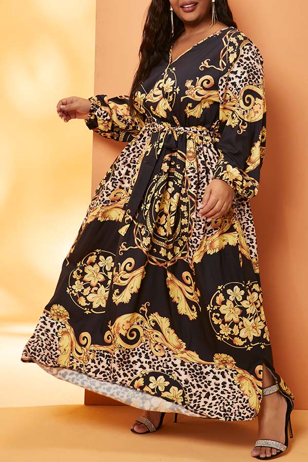 

Lovely Bohemian Print Black Ankle Length Plus Size Dress