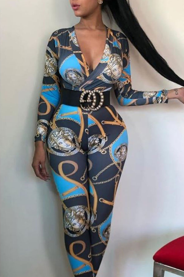 

Lovely Casual V Neck Print Blue One-piece Jumpsuit
