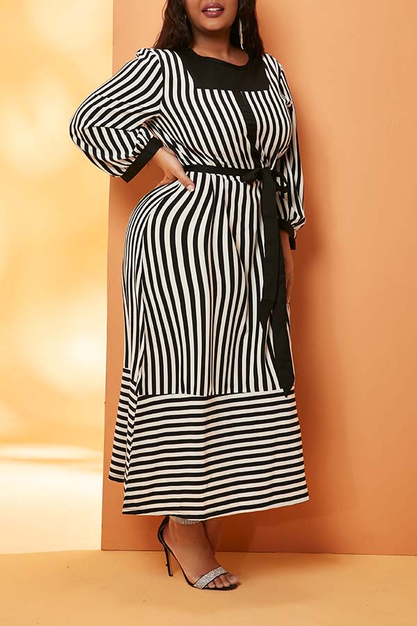

Lovely Leisure Striped Print Black Ankle Length Plus Size Dress