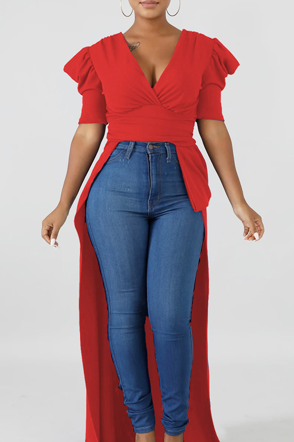 

Lovely Trendy Deep V Neck Asymmetrical Red Blouse