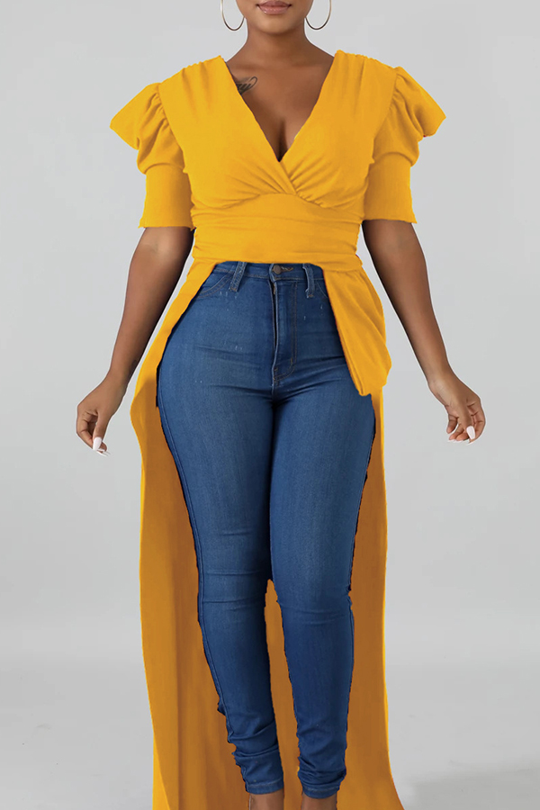 

Lovely Trendy Deep V Neck Asymmetrical Yellow Blouse