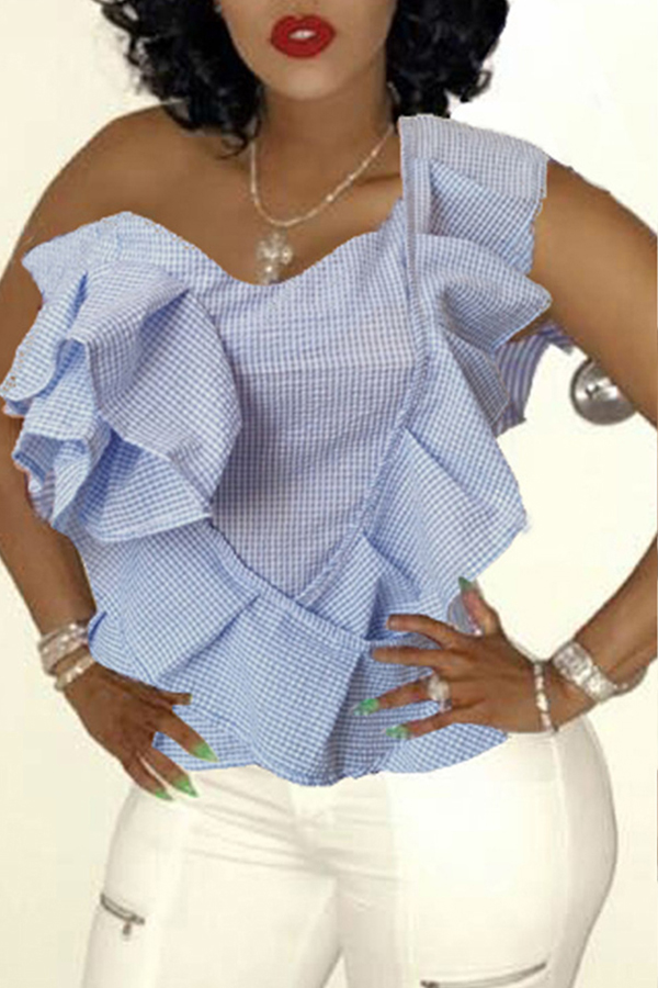 

Lovely Trendy One Shoulder Flounce Design Baby Blue Blouse