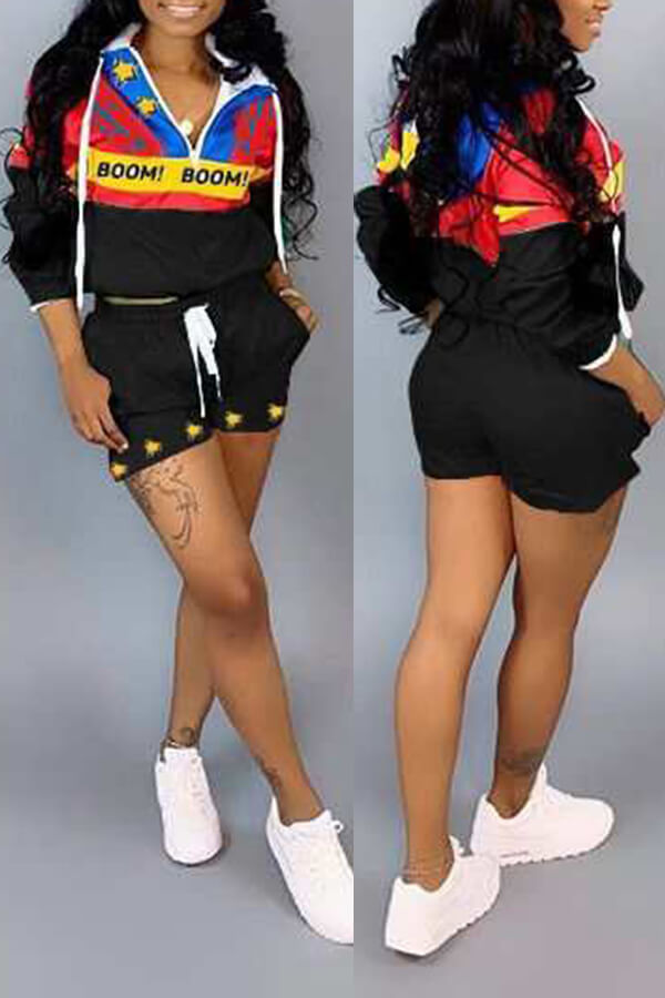 

Lovely Leisure Patchwork Black Two-piece Shorts Set
