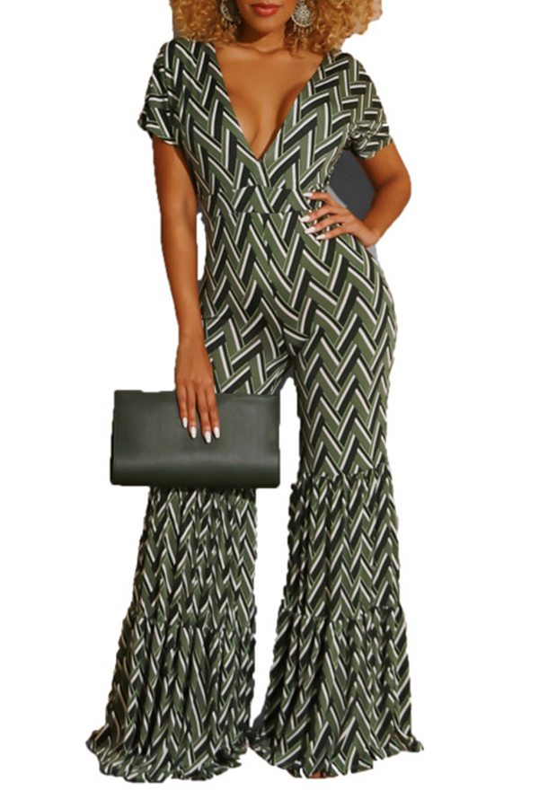 

Lovely Trendy Deep V Neck Print Green One-piece Jumpsuit