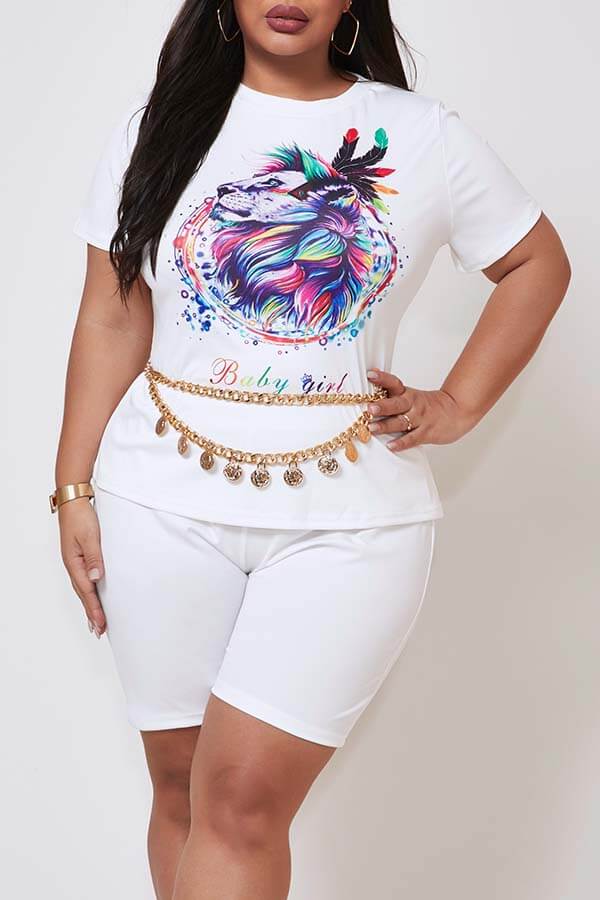 

Lovely Casual Print White Plus Size Two-piece Shorts Set