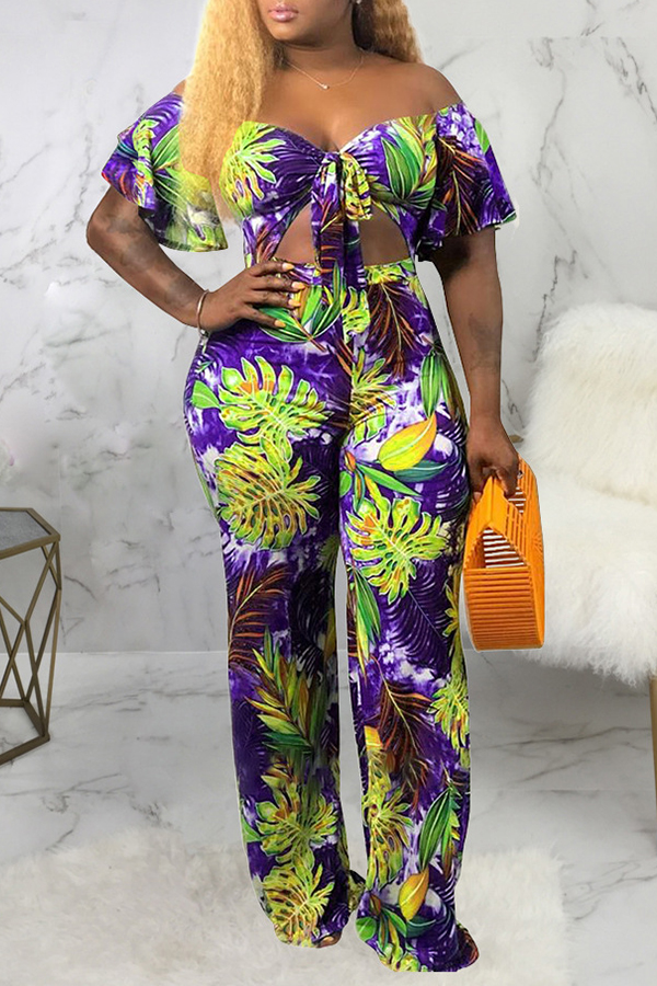 

Lovely Bohemian Plants Print Purple Two-piece Pants Set